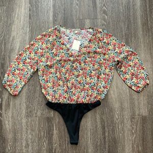 Pleione Floral Printed Faux Wrap V-Neck Bodysuit